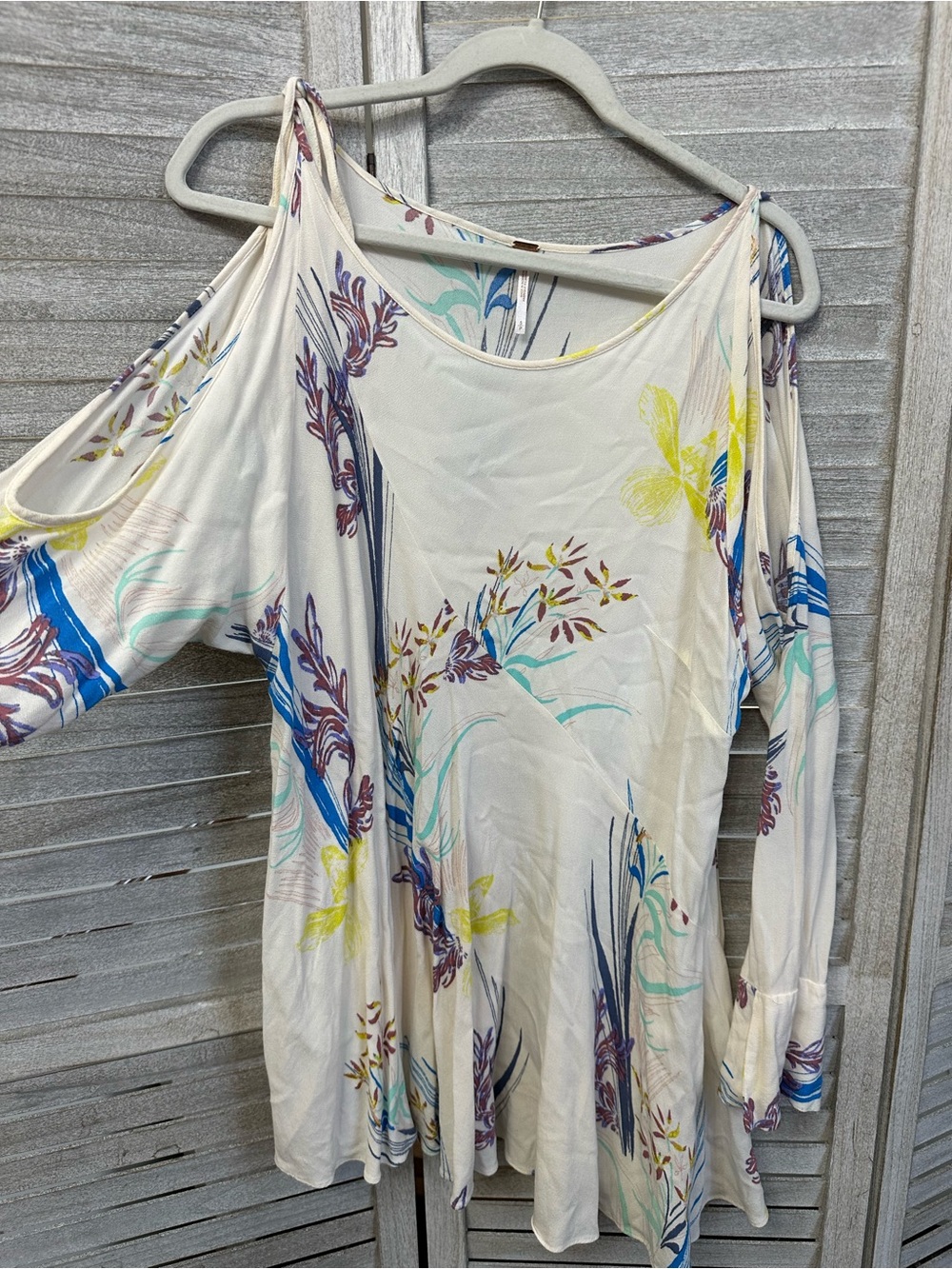 Free People Cream Floral Cold-Shoulder Tunic with Blue & Mint Accents